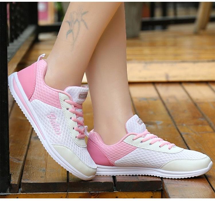 Stevvex women's pink breathable mesh sneakers with white sole, lace-up walking shoes on Tampa Home & Garden Store