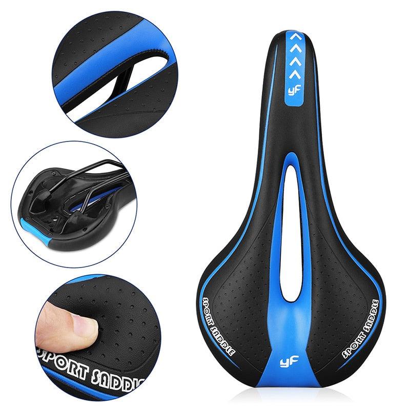 Stevvex comfort gel bicycle saddle with blue trim and central relief cutout, perforated surface on Tampa Home & Garden Store