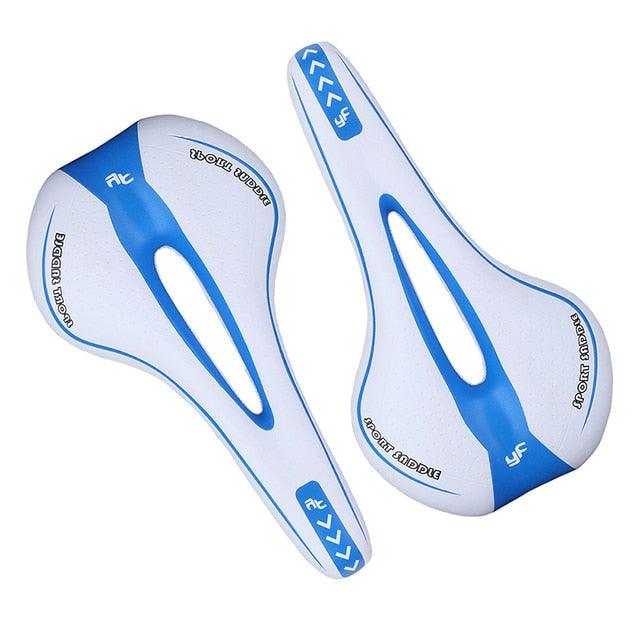 2-pack Stevvex Comfort Gel bicycle saddles white blue with central relief cutout, ergonomic road and mountain bike seats on Tampa Home & Garden Store