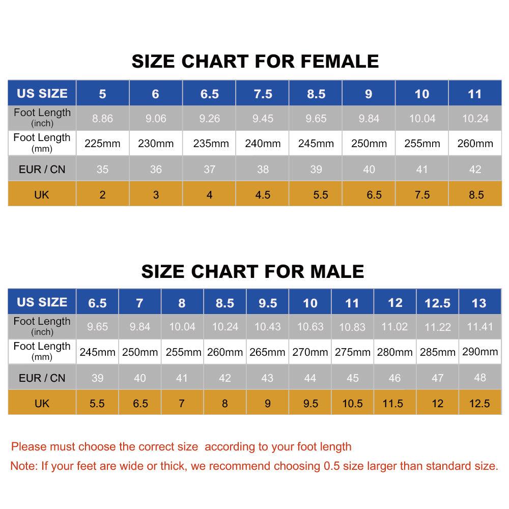 Stevvex mens high top fashion sneakers size chart with male US sizes and foot length mm on Tampa Home & Garden Store