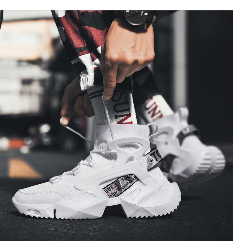 Stevvex white high-top sock sneakers, breathable mesh, chunky non-slip sole, pair on Tampa Home & Garden Store