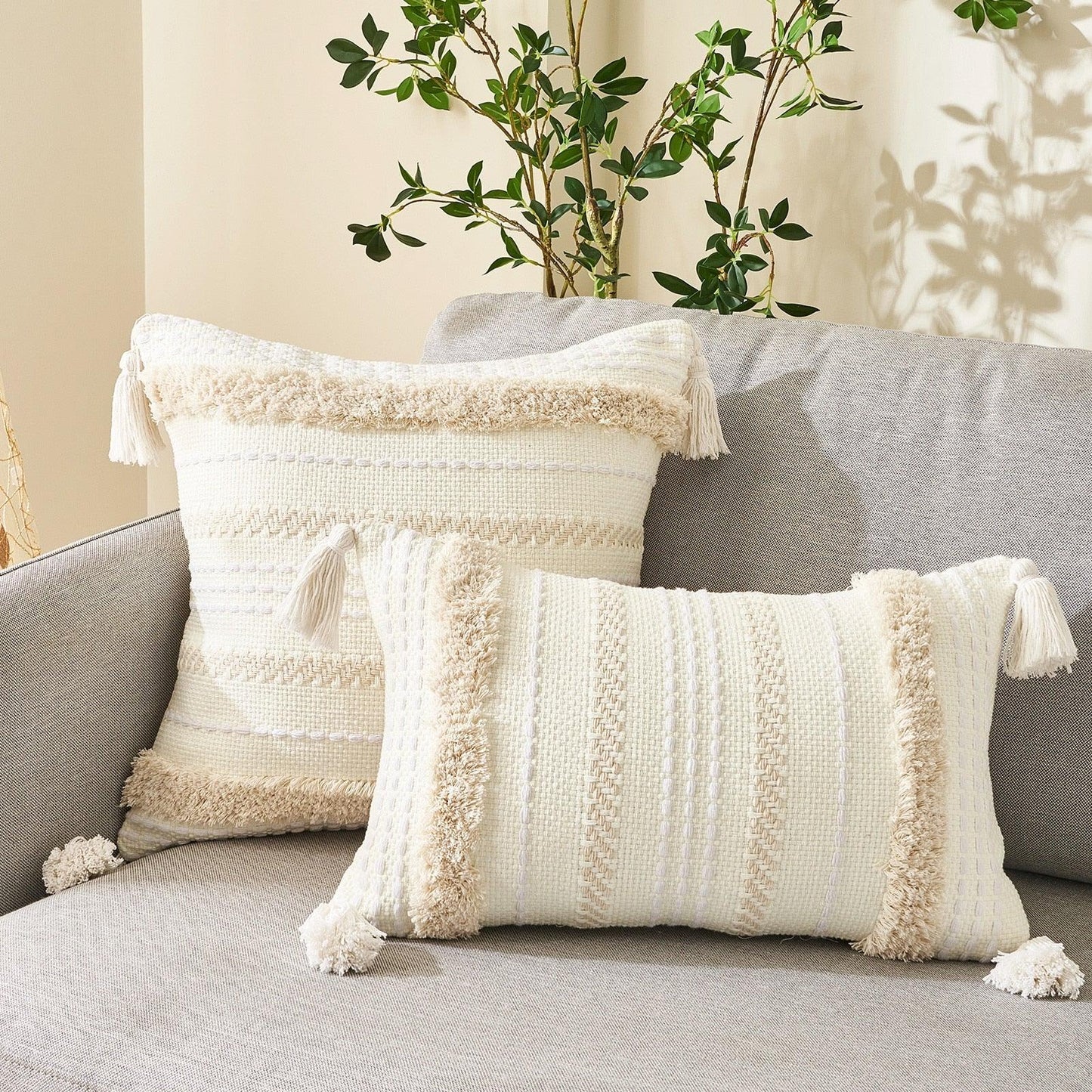 Cushion covers beige tufted cotton-linen with tassel fringe Stevvex 2-pack pillow covers on Tampa Home & Garden Store