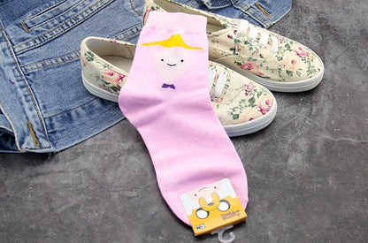 Stevvex crew socks pink Adventure Time design with Ice King and Lumpy Space Princess accents on Tampa Home & Garden Store