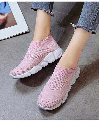 Pink knit slip-on sneakers with chunky white sole by Stevvex, breathable mesh walking shoes on Tampa Home & Garden Store