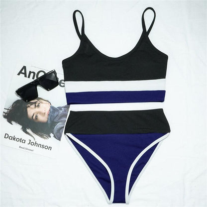 STBK344WER Stevvex high waist bikini set black top with white/blue color block, blue bottom on Tampa Home & Garden Store