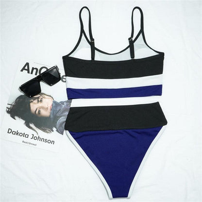 Stevvex two-piece high-waist bikini color-block in black white blue for women on Tampa Home & Garden Store