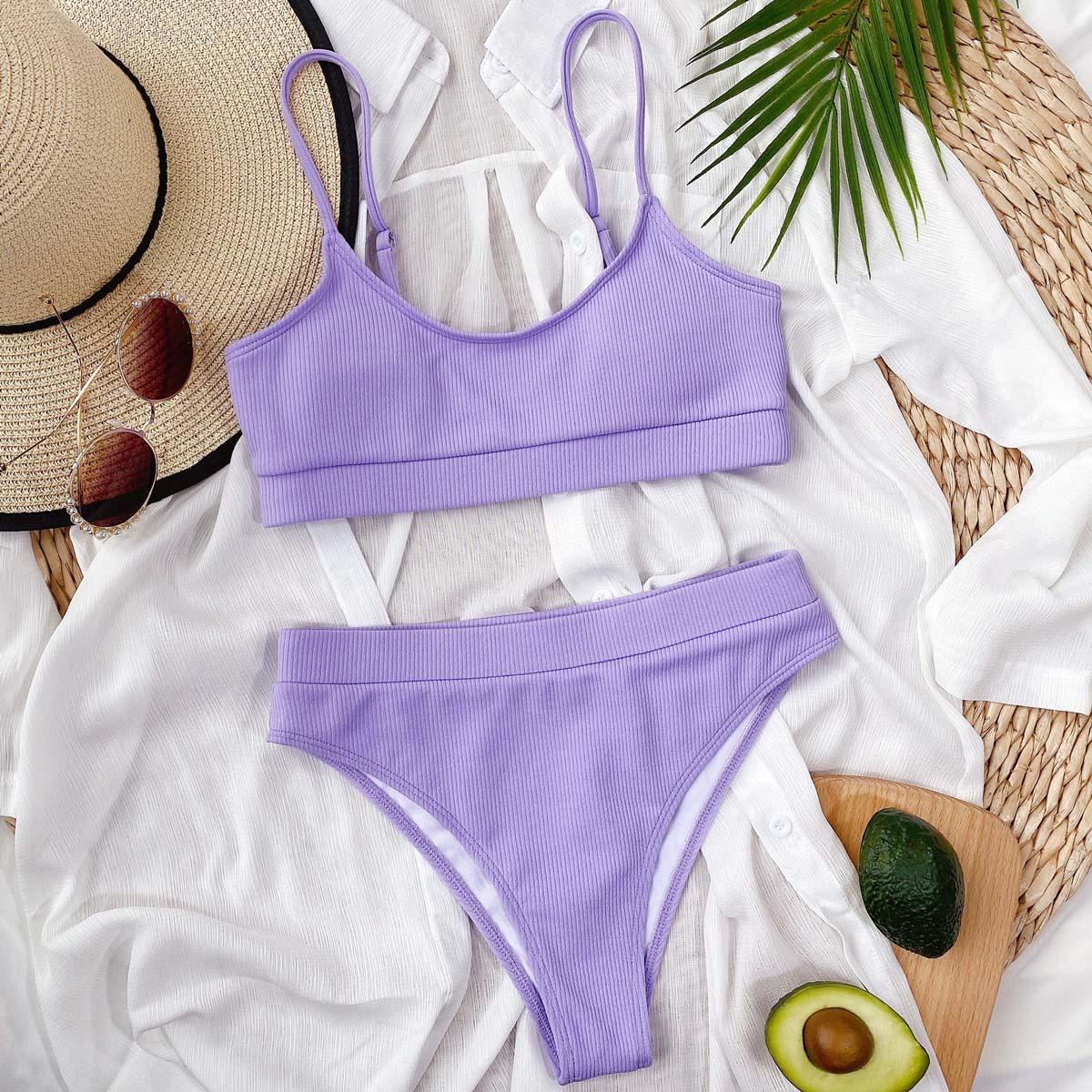 Stevvex lavender ribbed two-piece high-waist bikini set for women on white fabric on Tampa Home & Garden Store