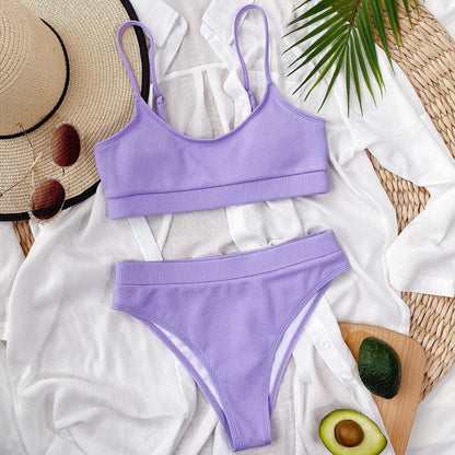 Stevvex lavender ribbed two-piece high-waist bikini set for women on white fabric on Tampa Home & Garden Store