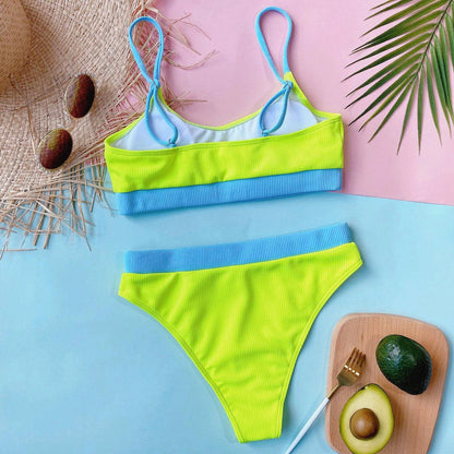 Two-piece Stevvex bikini set in neon lime and sky blue with high-waist bottoms and push-up top on Tampa Home & Garden Store