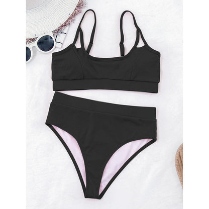 Two-piece black ribbed bikini set with high-waist bottoms and pink lining on Tampa Home & Garden Store