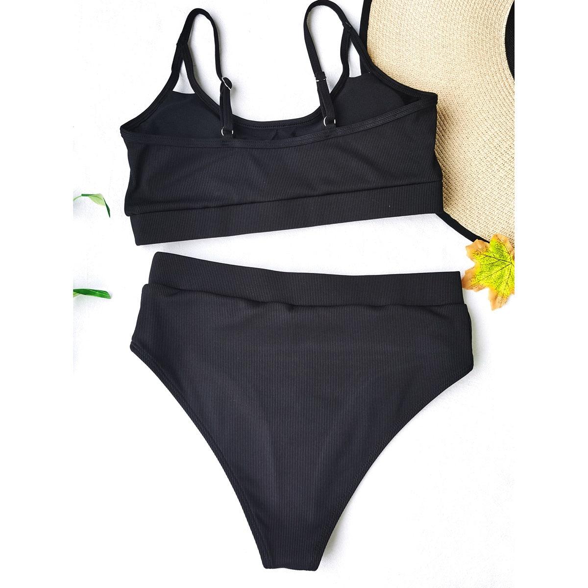 Stevvex black ribbed push-up bikini set, 2-piece high-waist solid swimwear for women on Tampa Home & Garden Store