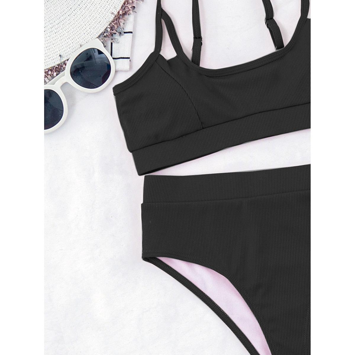 Stevvex black ribbed high waist bikini set 2-piece solid classic swimsuit with pink lining on Tampa Home & Garden Store