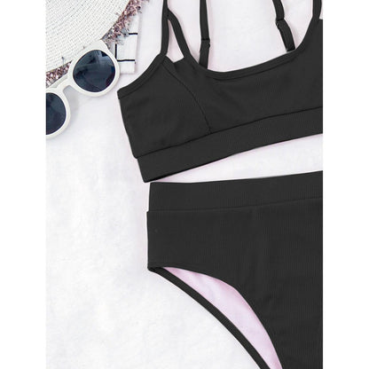 Stevvex black ribbed high waist bikini set 2-piece solid classic swimsuit with pink lining on Tampa Home & Garden Store