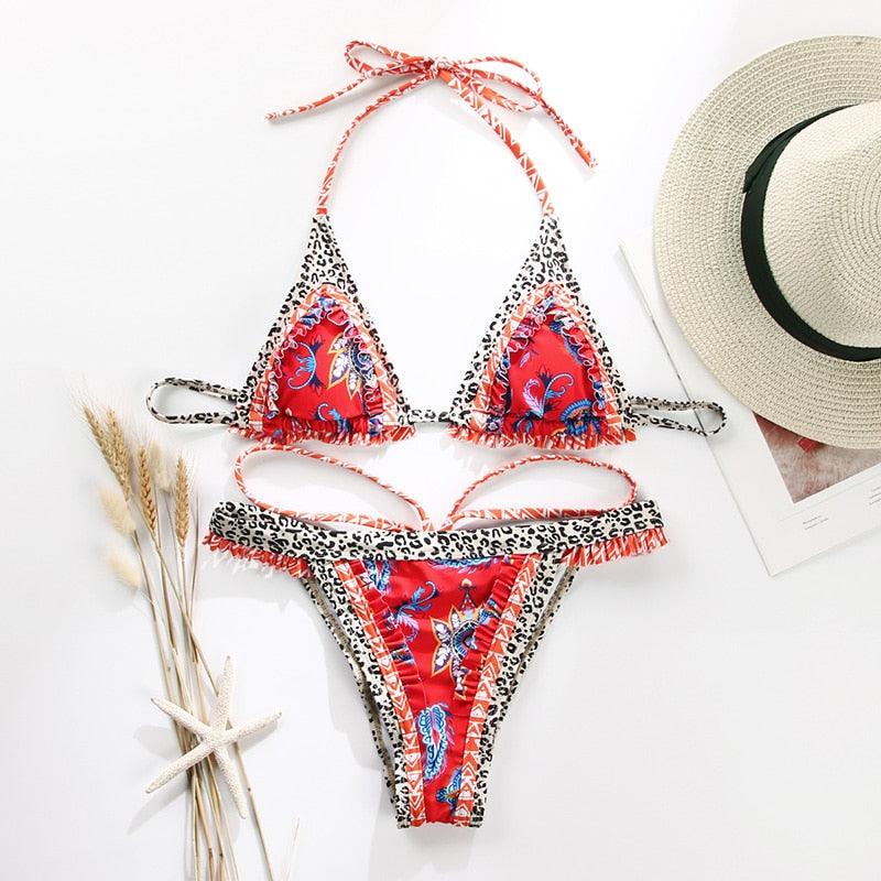 Vintage print triangle bikini set by Stevvex with red floral print and leopard trim on Tampa Home & Garden Store