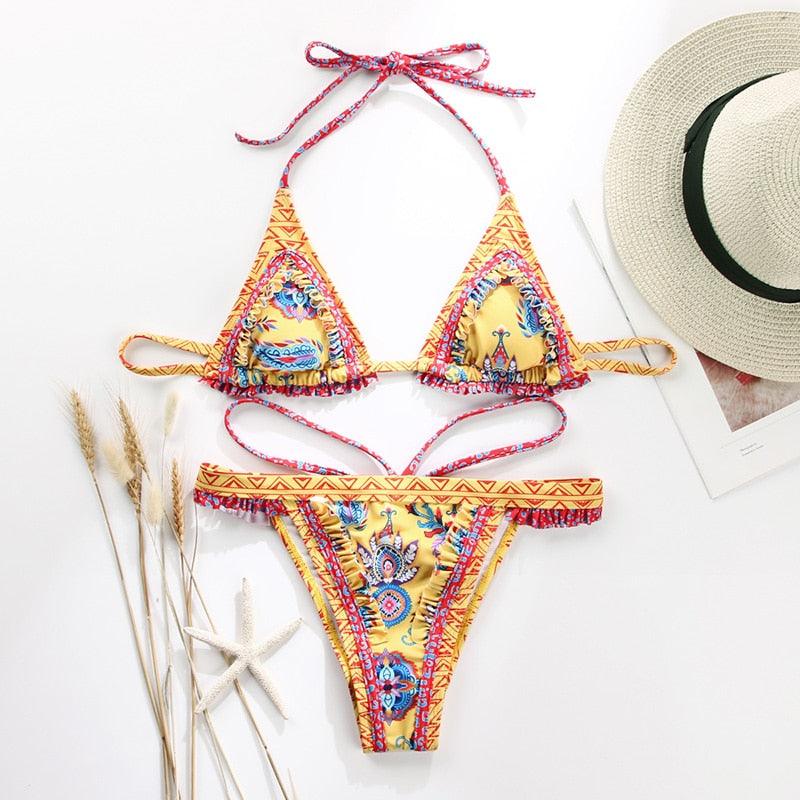 Bikini Stevvex vintage print yellow floral ruffle trim halter triangle top and string bottoms on Tampa Home & Garden Store
