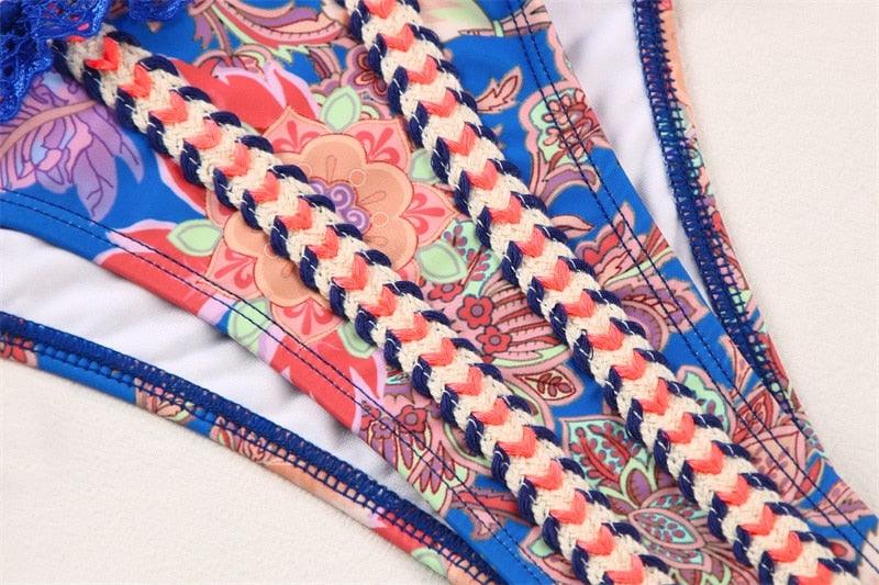 Vintage print bikini Stevvex blue floral braided red white blue straps high-cut bottoms on Tampa Home & Garden Store