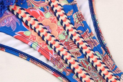 Vintage print bikini Stevvex blue floral braided red white blue straps high-cut bottoms on Tampa Home & Garden Store