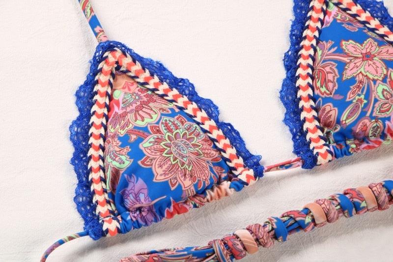 Stevvex vintage print bikini top with blue floral pattern blue lace trim and braided straps on Tampa Home & Garden Store