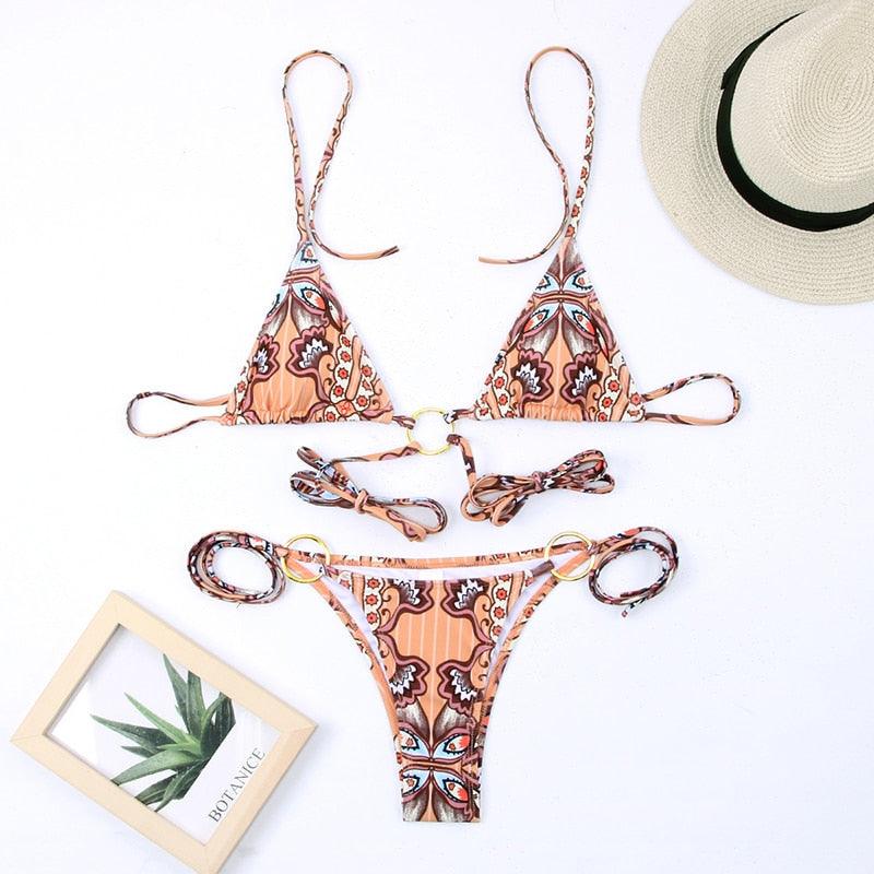 Vintage print bikini set halter top with string ties and high cut bottoms floral pattern on Tampa Home & Garden Store