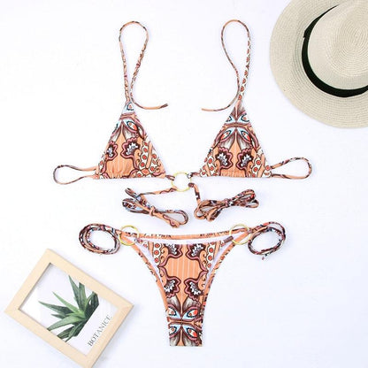 Vintage print bikini set halter top with string ties and high cut bottoms floral pattern on Tampa Home & Garden Store