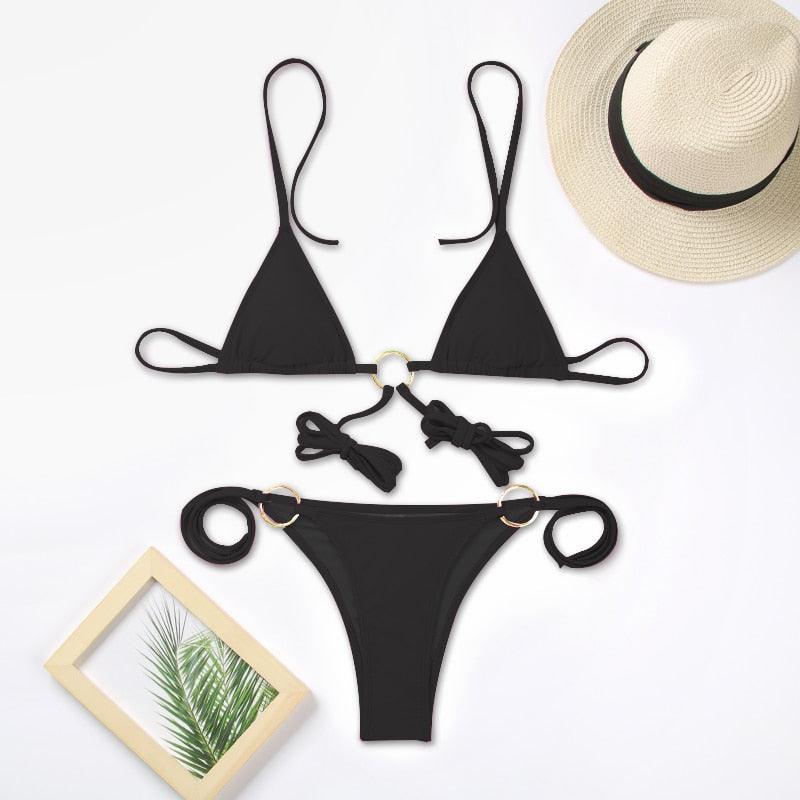 Stevvex black triangle bikini set with halter top, ring accents and bows, high-cut bottoms on Tampa Home & Garden Store
