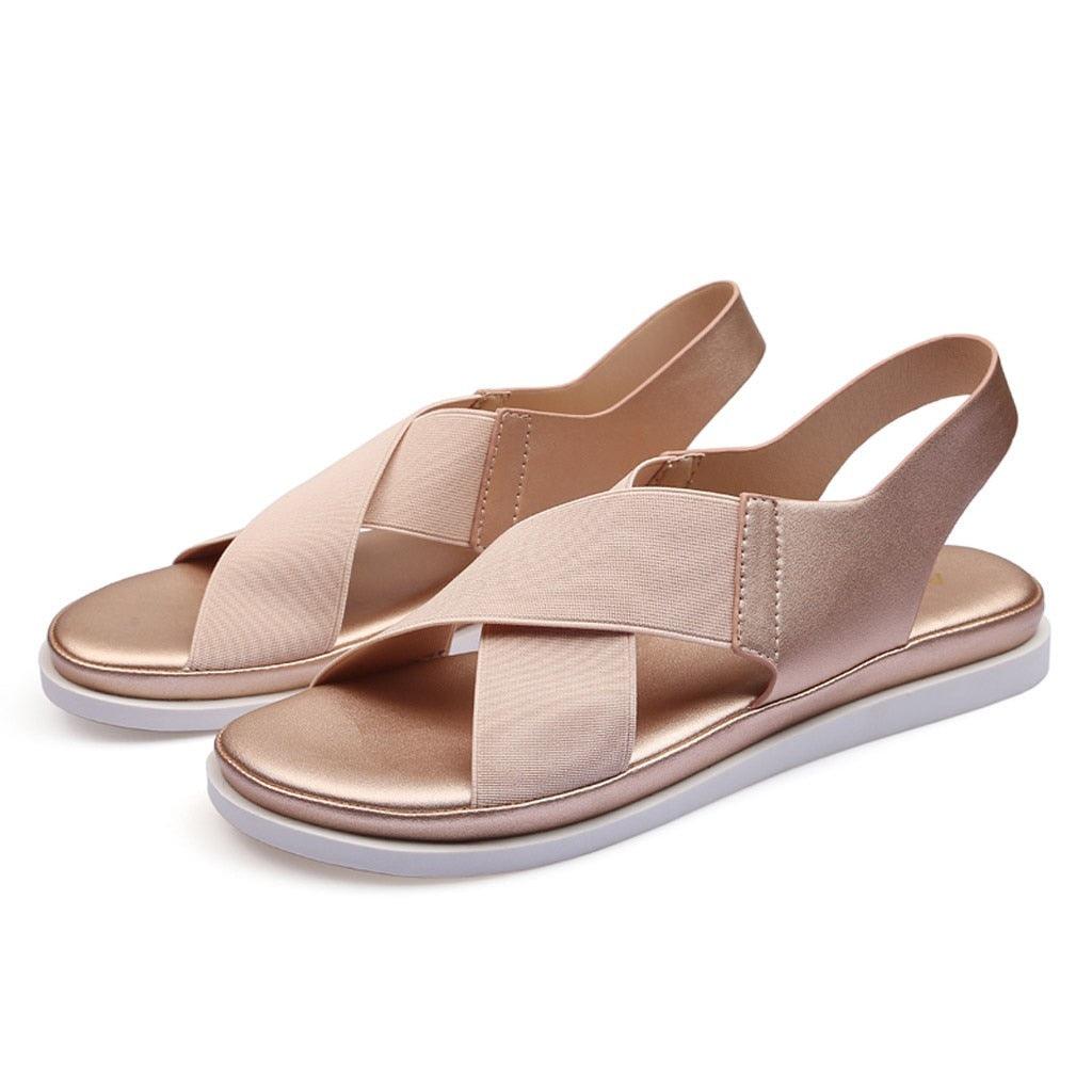 Summer Comfy Slip On Women Sandals blush pink elastic textile cross strap flat Stevvex on Tampa Home & Garden Store