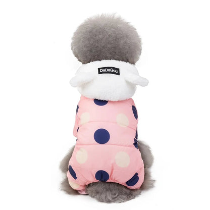 Polka dot dog jumpsuit for small dogs in pink with navy dots and white hood DaDaGou on Tampa Home & Garden Store