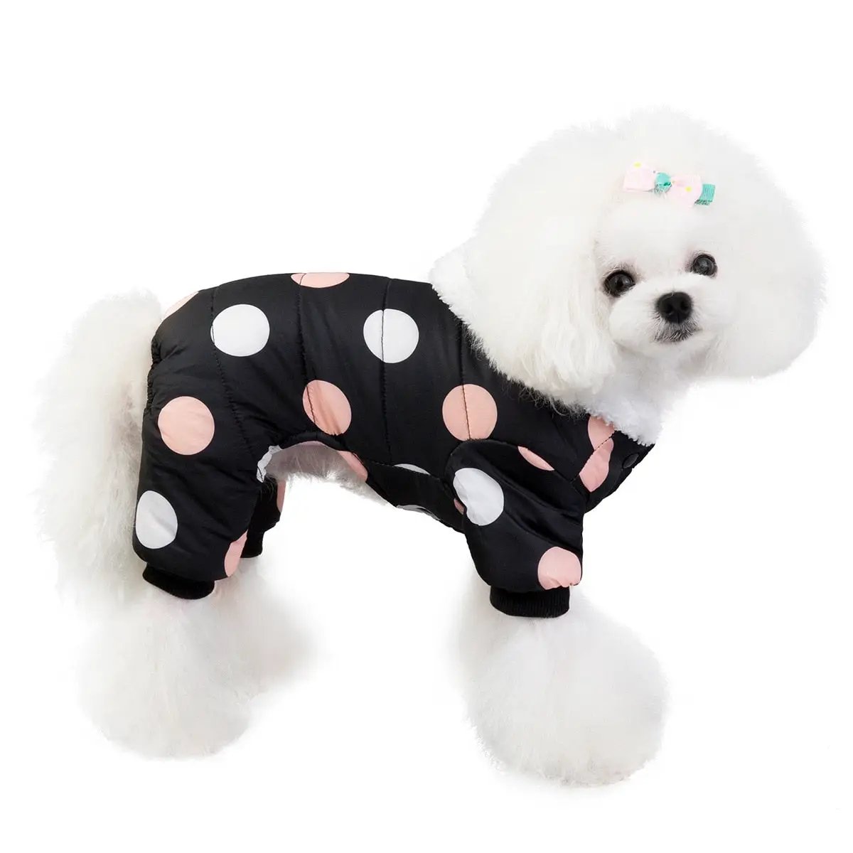 Polka Dot Snowsuit Jumpsuit for small dogs in black with pink and white polka dots on a dog on Tampa Home & Garden Store