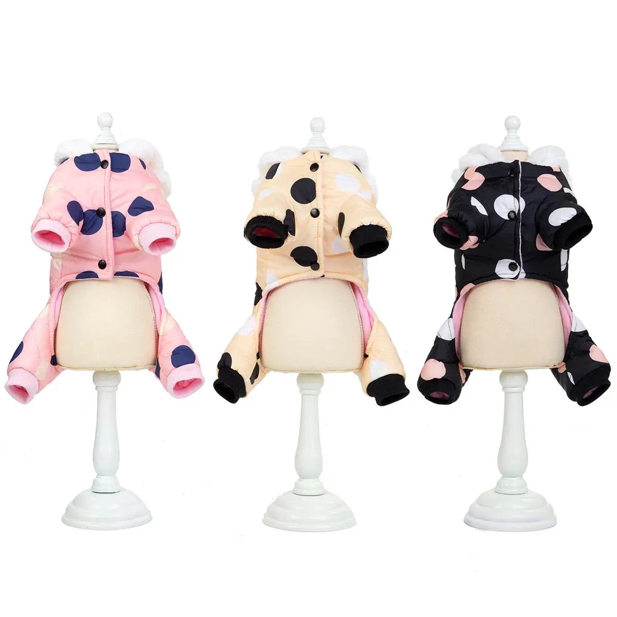 Polka Dot Snowsuit Jumpsuit for Small Dogs three-pack by Furr Baby Gifts in pink beige and black on Tampa Home & Garden Store