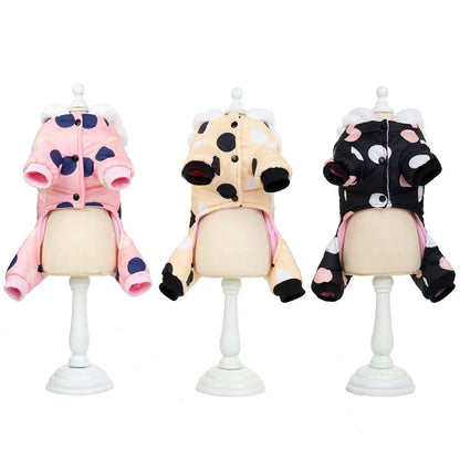 Polka Dot Snowsuit Jumpsuit for Small Dogs three-pack by Furr Baby Gifts in pink beige and black on Tampa Home & Garden Store