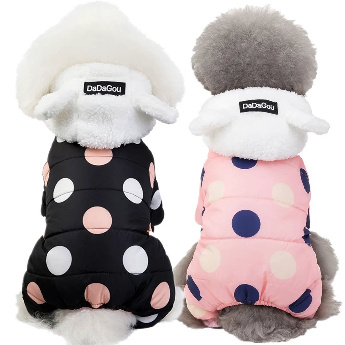 Polka Dot Snowsuit Jumpsuit for small dogs black and pink polka dot, DaDaGou, two dogs on Tampa Home & Garden Store