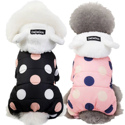 Polka Dot Snowsuit Jumpsuit for small dogs black and pink polka dot, DaDaGou, two dogs on Tampa Home & Garden Store