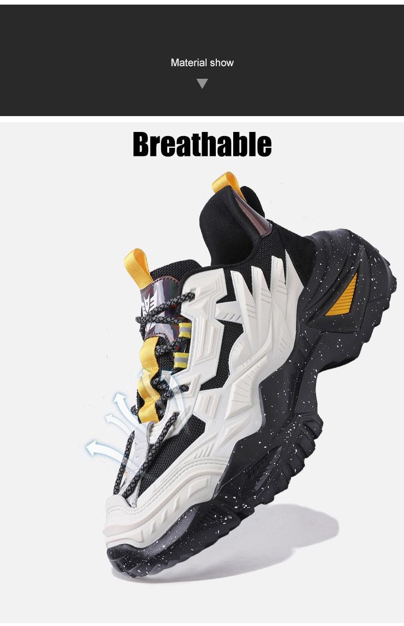 Stevvex mens chunky sneakers with thick white sole, black upper, yellow pull tabs on Tampa Home & Garden Store
