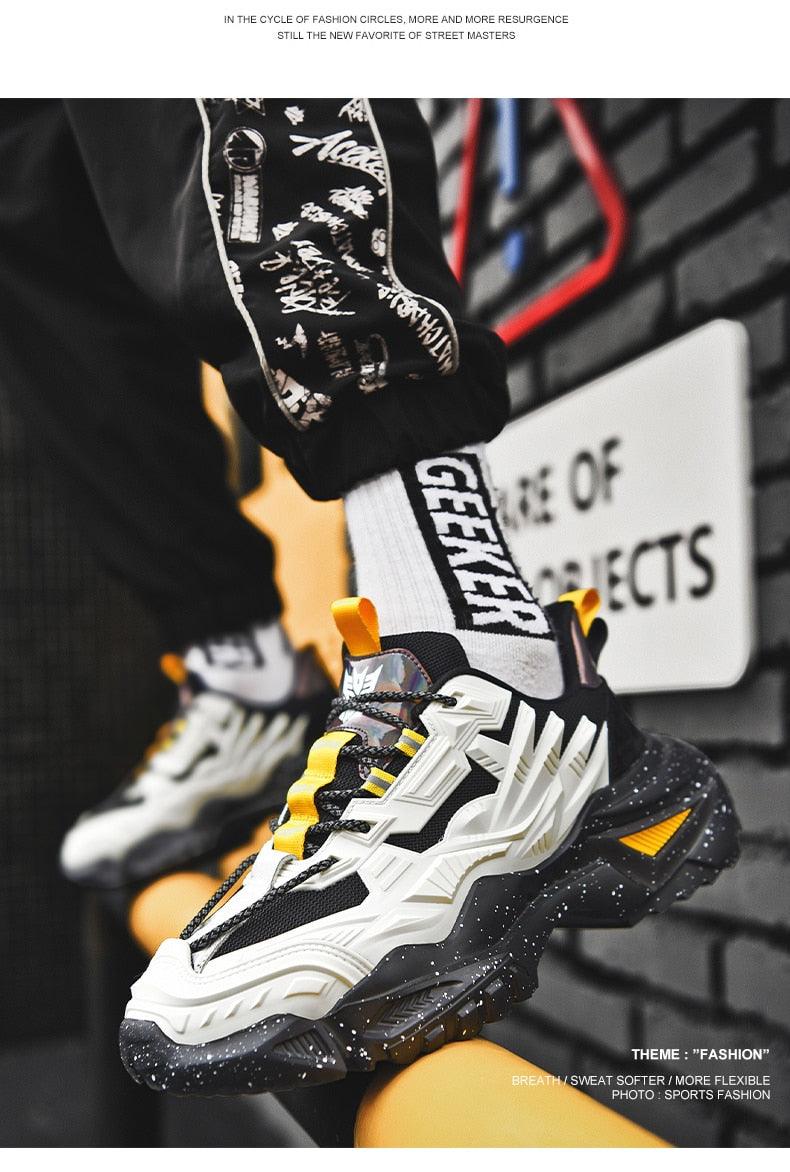 Stevvex men's chunky sneakers with sculpted sole, white/black with yellow accents, high-top on Tampa Home & Garden Store