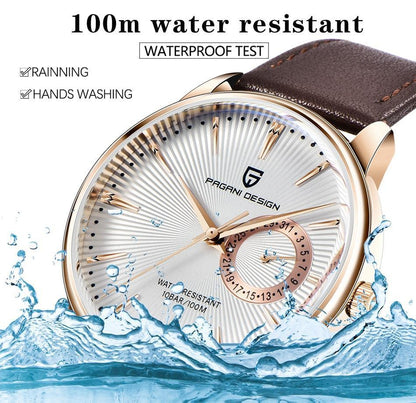 ST432NEWWCH5 men's quartz watch, brown leather strap, goldtone case, dial, 100m water resistant on Tampa Home & Garden Store