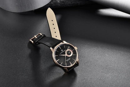 Stevvex men's quartz watch with black dial, rose gold case, black leather strap on Tampa Home & Garden Store