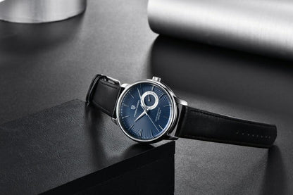 New Simple Luxury Mens Quartz Watch Stevvex ST432NEWWCH5 with blue dial and black leather strap on Tampa Home & Garden Store