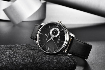 Stevvex ST432NEWWCH5 men's quartz watch with black sunburst dial and black leather strap on Tampa Home & Garden Store