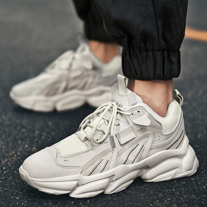 Stevvex men's chunky white sneakers with grey overlays and mesh upper, sculpted sole on Tampa Home & Garden Store