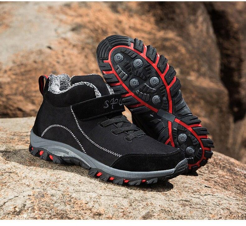 Stevvex waterproof winter boots with fur lining, black high-top pair, gray sole, rugged lug tread on Tampa Home & Garden Store