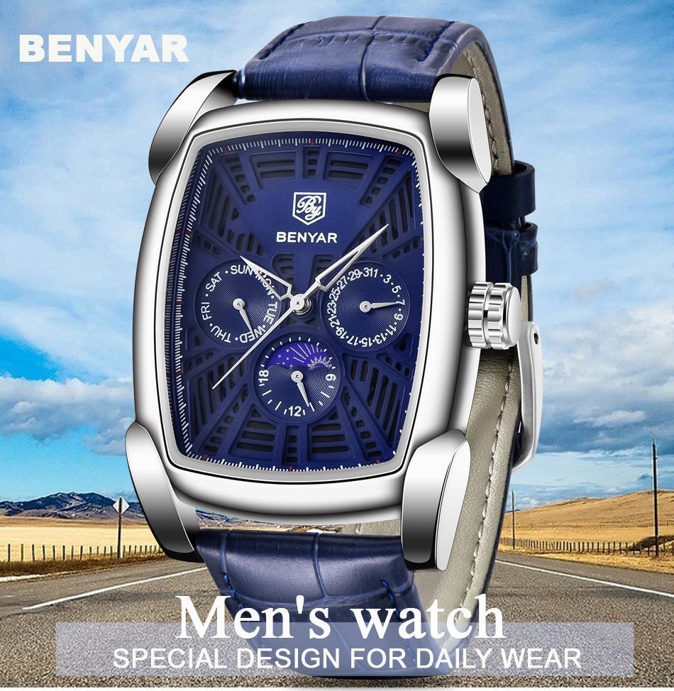 Men's square Benyar analog watch with blue dial, stainless steel case and blue leather strap on Tampa Home & Garden Store
