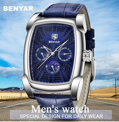 Men's square Benyar analog watch with blue dial, stainless steel case and blue leather strap on Tampa Home & Garden Store