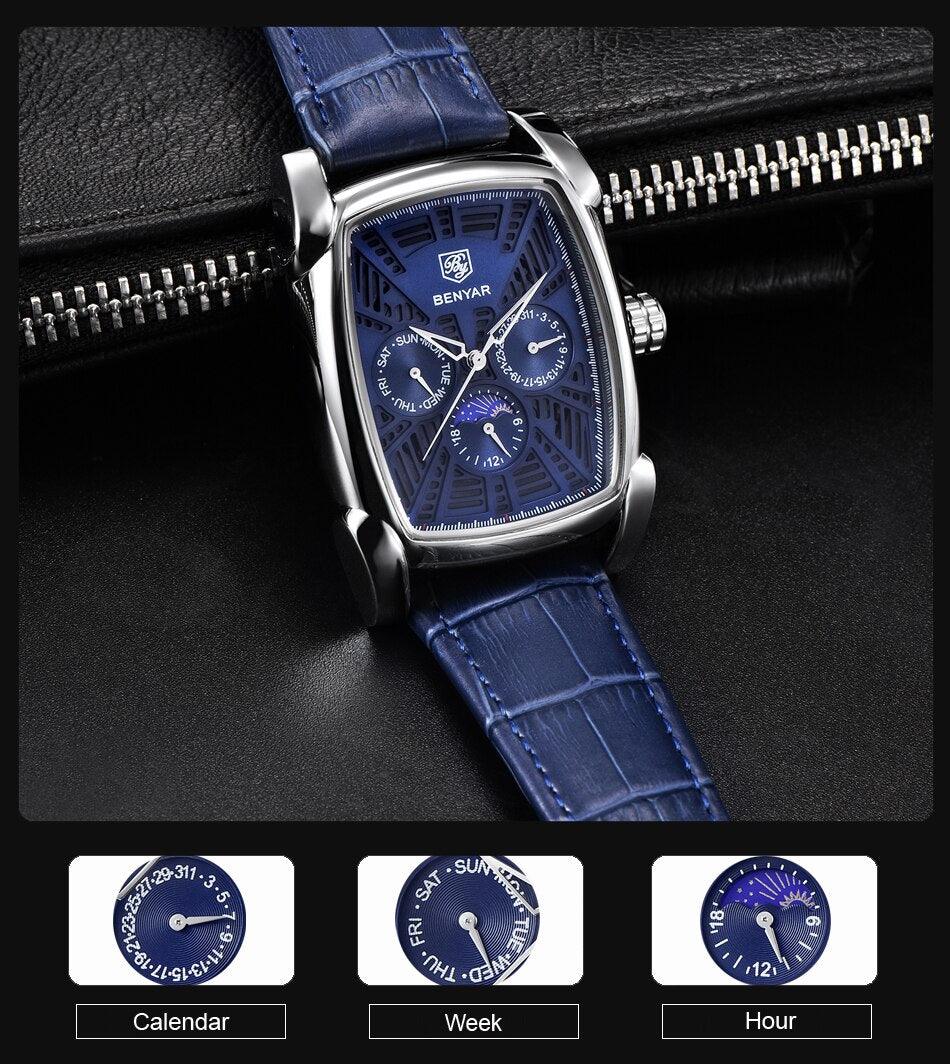 Square luxury mens watch with blue dial, stainless steel case, blue leather strap Benyar on Tampa Home & Garden Store