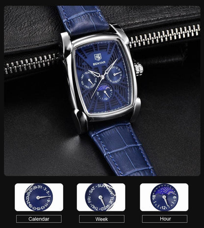 Square luxury mens watch with blue dial, stainless steel case, blue leather strap Benyar on Tampa Home & Garden Store