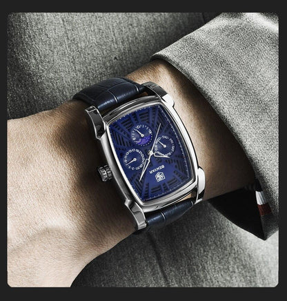 Square luxury men's watch Stevvex ST524KNMULX3 with blue dial and leather strap, analog quartz on Tampa Home & Garden Store