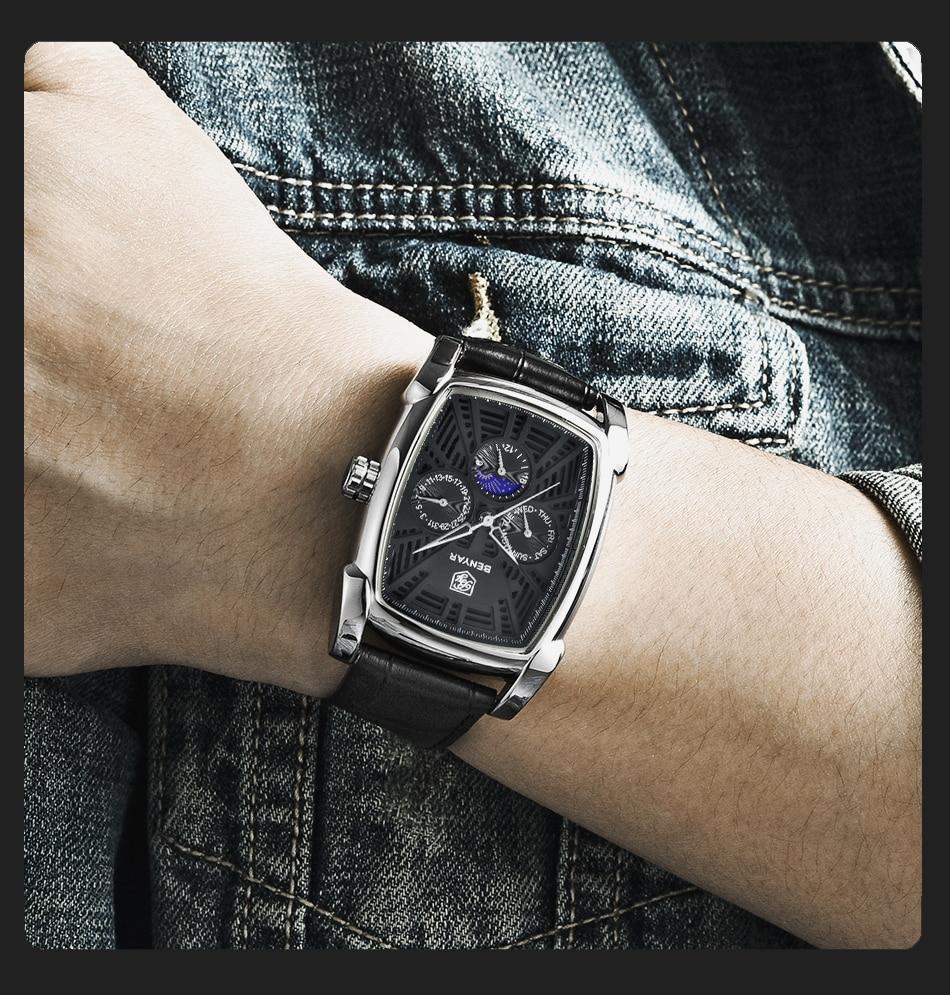 Stevvex square luxury men's analog waterproof watch, silver case, black leather strap on denim-clad wrist on Tampa Home & Garden Store