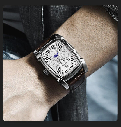 Stevvex square luxury mens watch with silver case, white skeleton dial, brown leather strap on Tampa Home & Garden Store