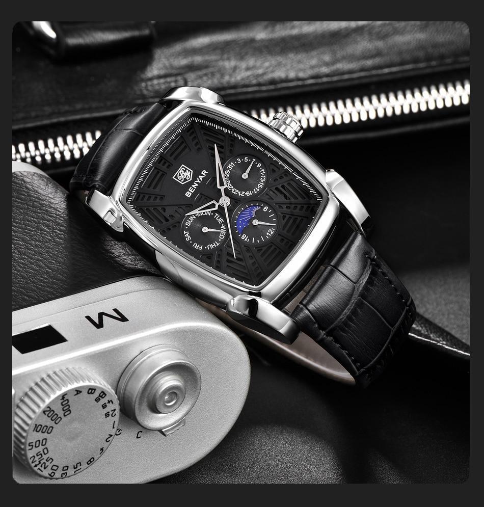Square luxury Stevvex men's watch with black leather strap, silver case, multi-dial face on Tampa Home & Garden Store