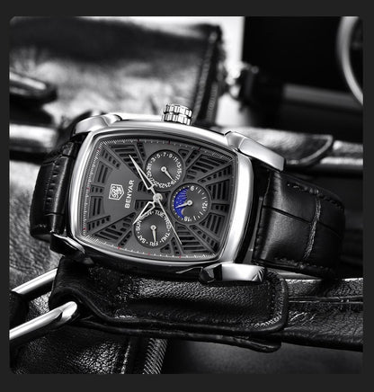 Square luxury men's watch Stevvex ST524KNMULX3 with black skeleton dial and leather strap on Tampa Home & Garden Store