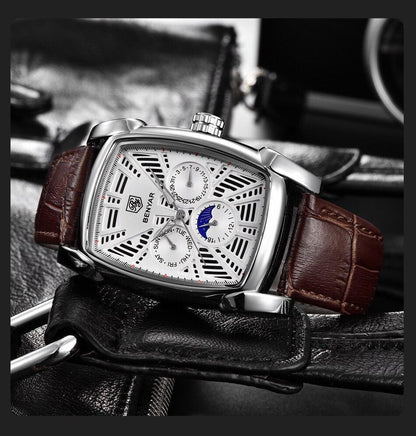 Benyar square mens analog watch with brown leather strap and silver case cutout dial on Tampa Home & Garden Store